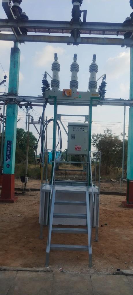 Substation circuit breaker installation with a permanent metal access stair